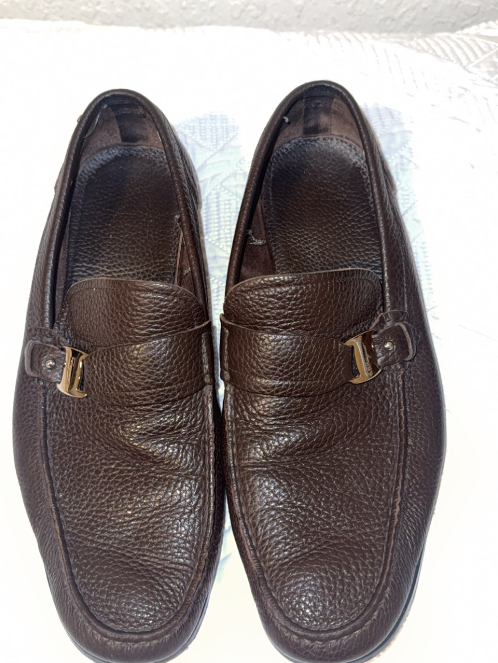 Salvatore Ferragamo Dark Brown Pebbled Leather Slip-On Loafers